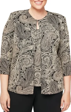 Plus Printed 3/4 Sleeve Slinky Twinset With Glitter Detail And Hook And Eye Closure At Neck