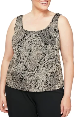 Plus Printed 3/4 Sleeve Slinky Twinset With Glitter Detail And Hook And Eye Closure At Neck