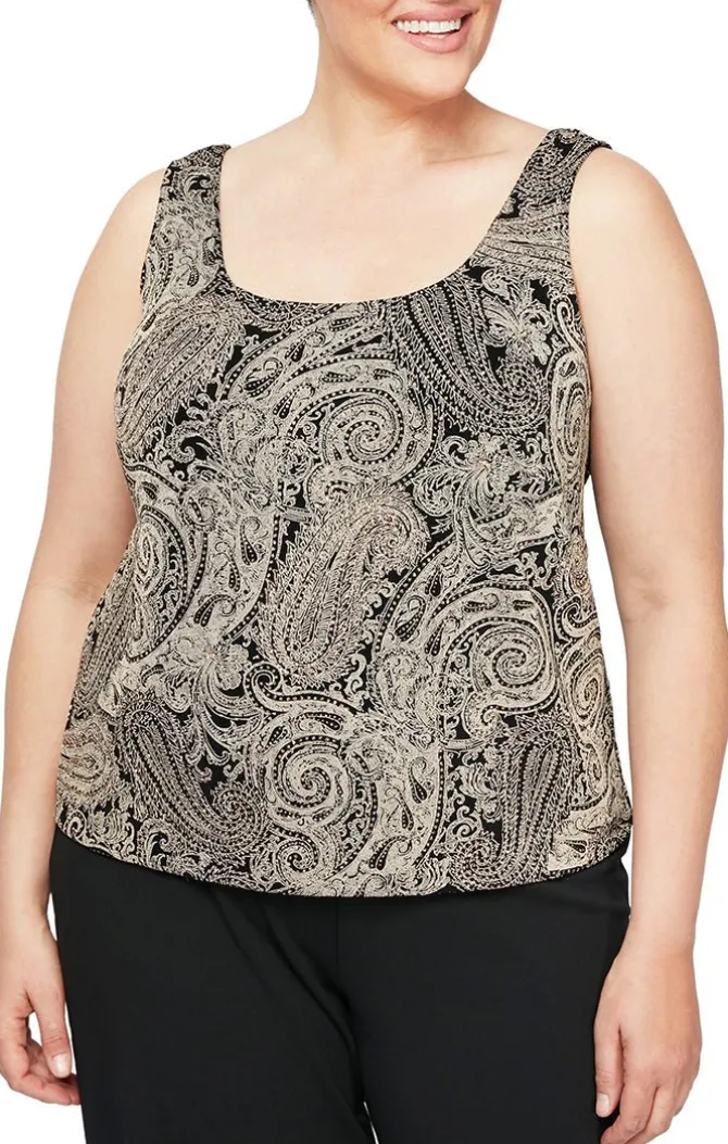 Plus Printed 3/4 Sleeve Slinky Twinset With Glitter Detail And Hook And Eye Closure At Neck