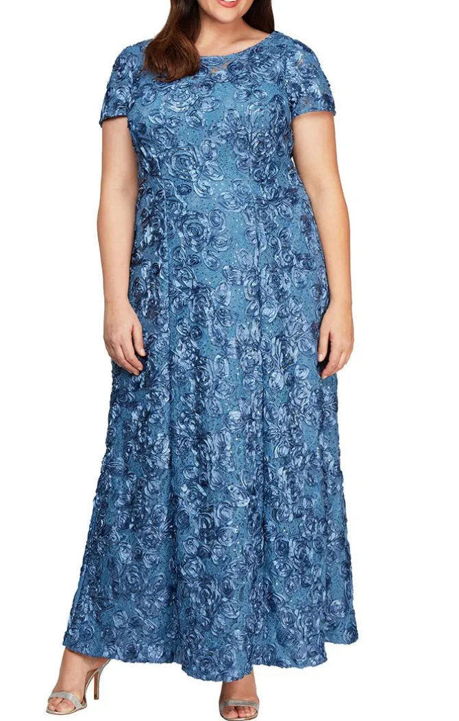 Plus Rosette A-Line Gown With Sequin Detail & Short Illusion Sleeves