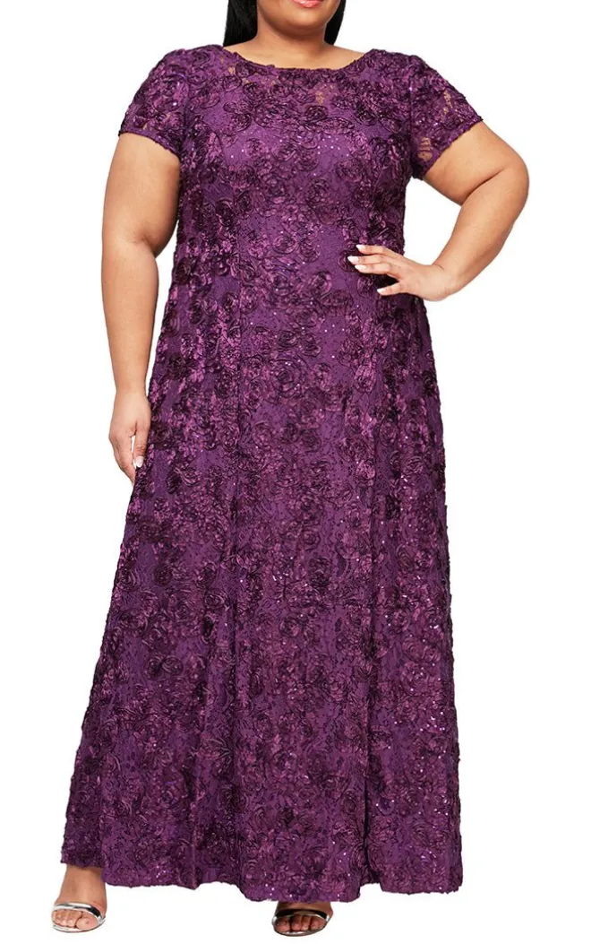 Plus Rosette A-Line Gown With Sequin Detail & Short Illusion Sleeves