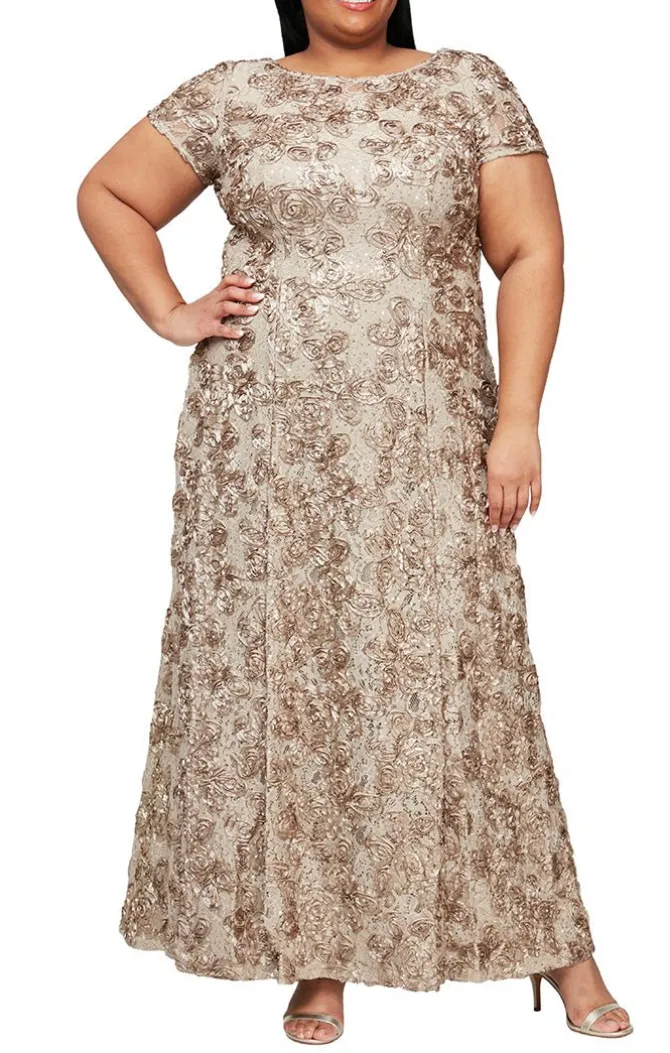 Plus Rosette A-Line Gown With Sequin Detail & Short Illusion Sleeves