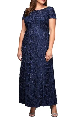 Plus Rosette A-Line Gown With Sequin Detail & Short Illusion Sleeves