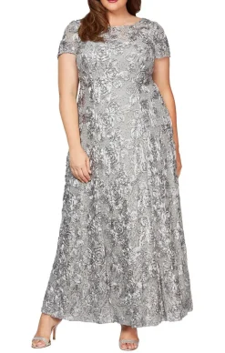 Plus Rosette A-Line Gown With Sequin Detail & Short Illusion Sleeves