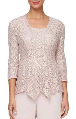 Plus Sequin Lace Twinset With Scoop Neck Tank & Embellished Closure Jacket