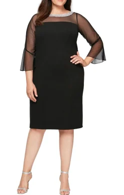 Plus Sheath Crepe Cocktail Dress With Beaded Illusion Neckline & Bell Sleeves