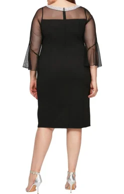 Plus Sheath Crepe Cocktail Dress With Beaded Illusion Neckline & Bell Sleeves