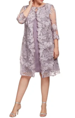 Plus Short Embroidered Elongated Lace Mock Jacket With Jersey Sheath Dress