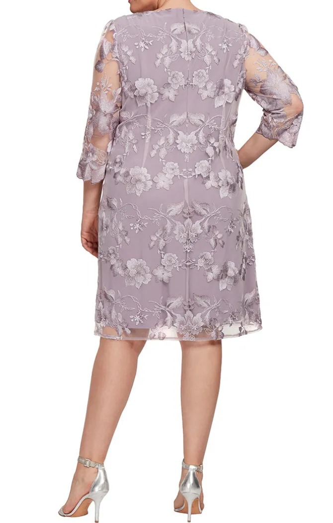 Plus Short Embroidered Elongated Lace Mock Jacket With Jersey Sheath Dress