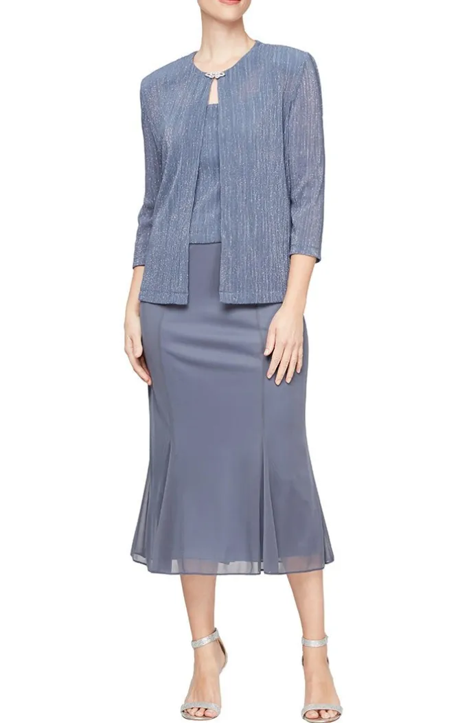 Plus Tea Length Pleated Glitter Mesh Jacket Dress With Hook Neck Closure Jacket And Square Neck Bodice