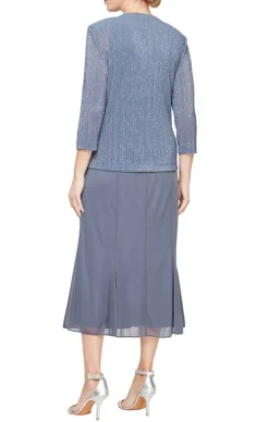 Plus Tea Length Pleated Glitter Mesh Jacket Dress With Hook Neck Closure Jacket And Square Neck Bodice