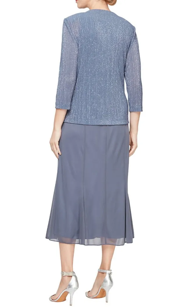 Plus Tea Length Pleated Glitter Mesh Jacket Dress With Hook Neck Closure Jacket And Square Neck Bodice