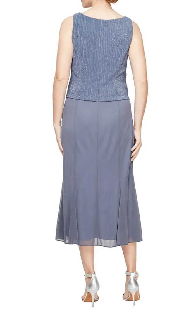 Plus Tea Length Pleated Glitter Mesh Jacket Dress With Hook Neck Closure Jacket And Square Neck Bodice