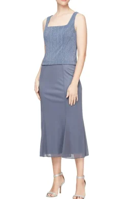 Plus Tea Length Pleated Glitter Mesh Jacket Dress With Hook Neck Closure Jacket And Square Neck Bodice