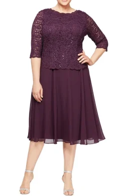 Plus Tea-Length Dress With Sequin Lace Bodice & Chiffon Skirt