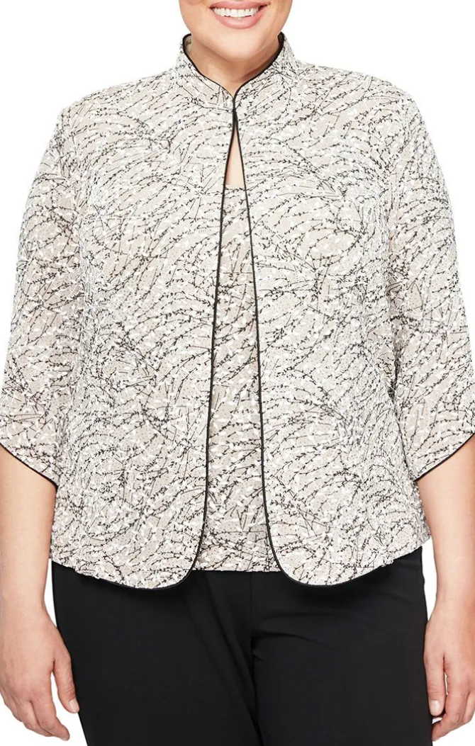 Plus Textured Mandarin Neck Glitter Knit 3/4 Sleeve Twinset