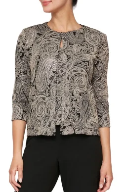 Printed 3/4 Sleeve Slinky Twinset With Glitter Detail And Hook And Eye Closure At Neck