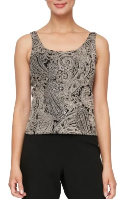 Printed 3/4 Sleeve Slinky Twinset With Glitter Detail And Hook And Eye Closure At Neck