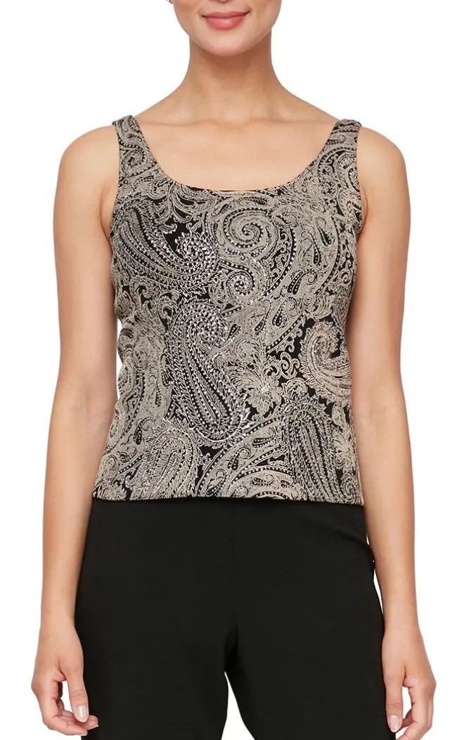 Printed 3/4 Sleeve Slinky Twinset With Glitter Detail And Hook And Eye Closure At Neck