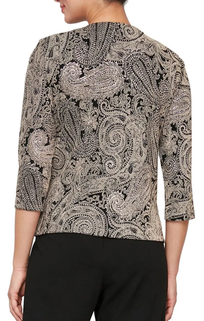 Printed 3/4 Sleeve Slinky Twinset With Glitter Detail And Hook And Eye Closure At Neck