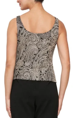 Printed 3/4 Sleeve Slinky Twinset With Glitter Detail And Hook And Eye Closure At Neck