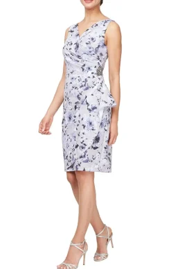 Printed Stretch Crepe Party Dress With Surplice Neckline & Embellishment At Hip