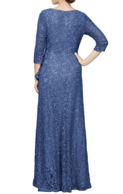 Sequin Lace Gown With 3/4 Sleeves & Cascade Detail Front Slit