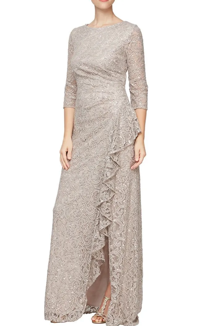 Sequin Lace Gown With 3/4 Sleeves & Cascade Detail Front Slit