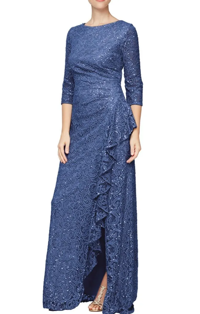 Sequin Lace Gown With 3/4 Sleeves & Cascade Detail Front Slit