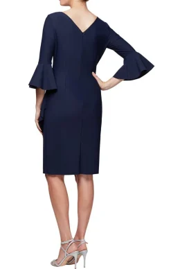 Sheath Compression Cocktail Dress With Bell Sleeves, Embellished Hip & Cascade Ruffle Detail