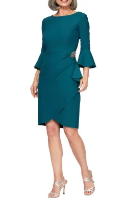 Sheath Compression Cocktail Dress With Bell Sleeves, Embellished Hip & Cascade Ruffle Detail