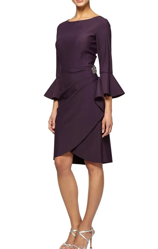 Sheath Compression Cocktail Dress With Bell Sleeves, Embellished Hip & Cascade Ruffle Detail