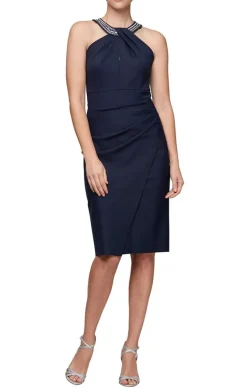 Sheath Compression Dress With Embellished Halter Style Neckline
