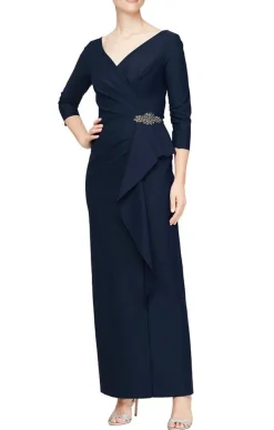 Sheath Compression Dress With Surplice Neckline & Cascade Ruffle Skirt