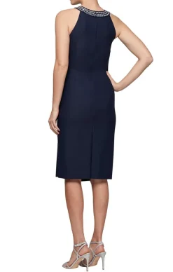 Sheath Compression Dress With Embellished Halter Style Neckline
