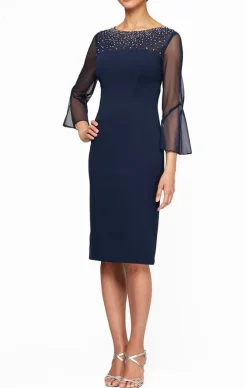 Sheath Crepe Dress With Embellished Illusion Mesh Neckline And Bell Sleeves