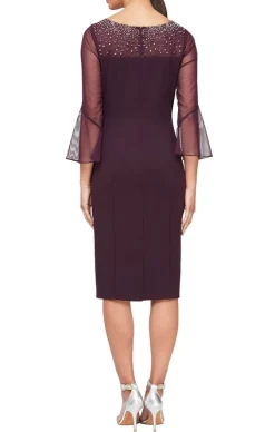 Sheath Crepe Dress With Embellished Illusion Mesh Neckline And Bell Sleeves