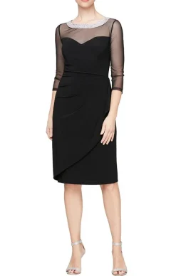 Sheath Crepe Dress With Embellished Sweetheart Illusion Neckline And Cascade Detail Skirt