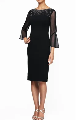 Sheath Crepe Dress With Embellished Illusion Mesh Neckline And Bell Sleeves