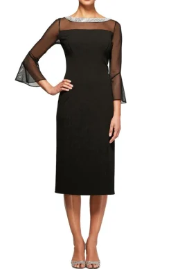 Short Sheath Crepe Cocktail Dress With Beaded Illusion Neckline & Bell Sleeves