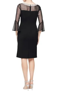 Short Sheath Crepe Cocktail Dress With Beaded Illusion Neckline & Bell Sleeves