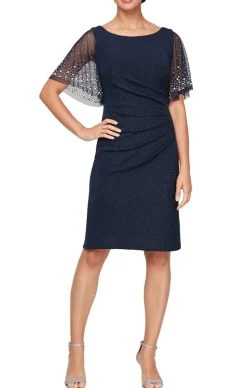 Short Sheath Metallic Knit Cocktail Dress With Beaded Illusion Flutter Sleeves