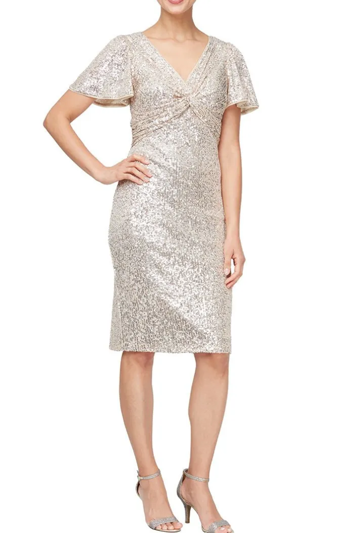 Short V-Neck Sheath Dress With Twist Front Detail & Flutter Sleeves