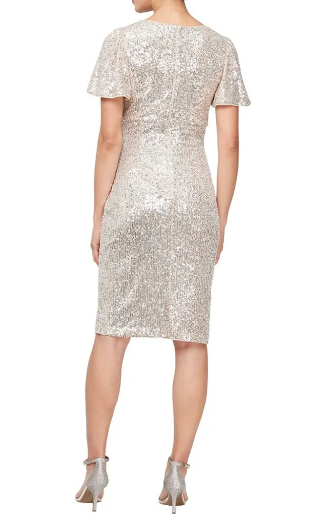 Short V-Neck Sheath Dress With Twist Front Detail & Flutter Sleeves