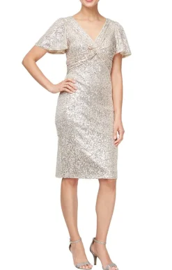 Short V-Neck Sheath Dress With Twist Front Detail & Flutter Sleeves