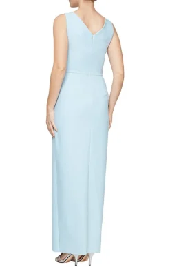 Sleeveless Compression Sheath Gown With Surplice Neckline & Beaded Detail At Hip