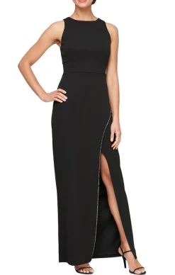 Sleeveless Crepe Column Dress With Rhinestone Trim Slit Detail