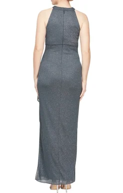 Sleeveless Glitter Mesh Halter Neck Dress With Cascade Detail Skirt