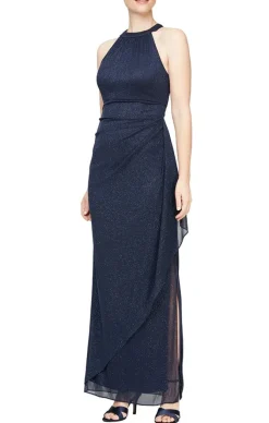 Sleeveless Glitter Mesh Halter Neck Dress With Cascade Detail Skirt