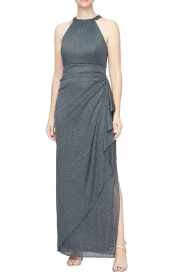 Sleeveless Glitter Mesh Halter Neck Dress With Cascade Detail Skirt